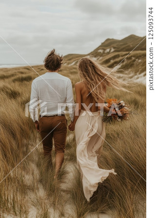 Couple walking on sandy path through coastal landscape holding hands 125093744