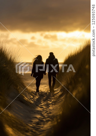 Couple walking through sandy pathway at sunset near the seaside Couple walking through sandy pathway at sunset near the seaside 125093748