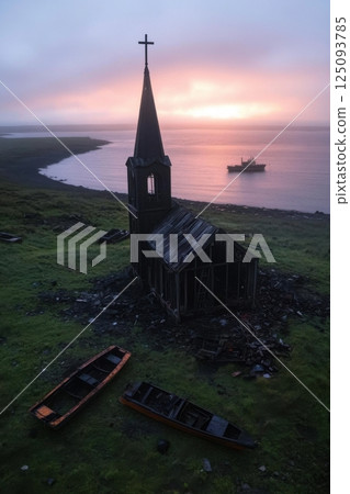 Rustic wooden chapel at sunset with boats and sea landscape 125093785