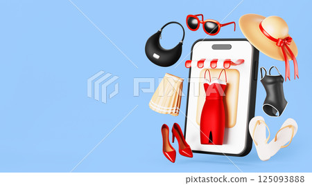 3d online women clothes shop concept. Smartphone with dress, shoes, bag, skirt, hat, swimsuit and sunglasses for shopping in mobile app. Fashion store, marketplace, ecommerce render. 3D illustration 125093888