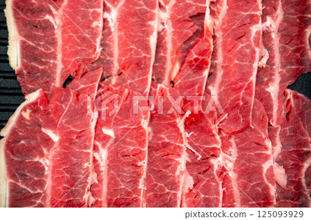 Close up of sliced oyster blade, raw meat. prepared for cooking 125093929