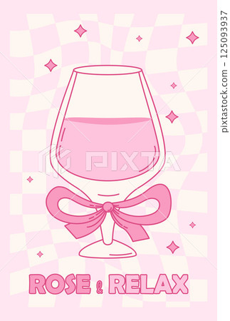 Pink Vintage Coquette Glass Drink with Ribbon Bow. Aesthetic Cocktail on Groovy Twisted Checkered Background. Romantic Girly Vibe. Vector illustration. Trendy card with Quote Slogan 125093937