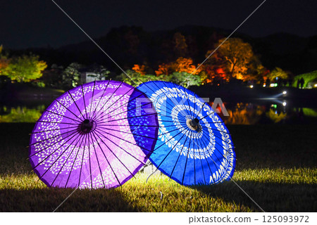 Illuminated Japanese umbrellas at Okayama Korakuen 125093972