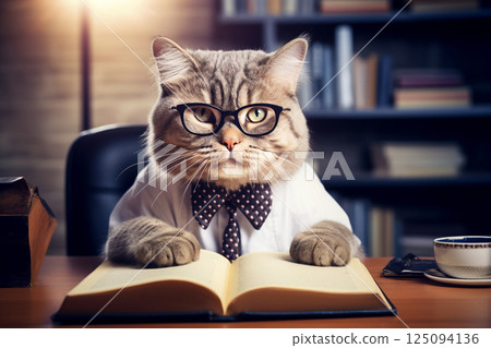 a serious-looking cat dressed as a professor or businessman, sitting at a desk with papers and a laptop, appearing stressed. The expressive feline captures the chaos of a busy workplace 125094136
