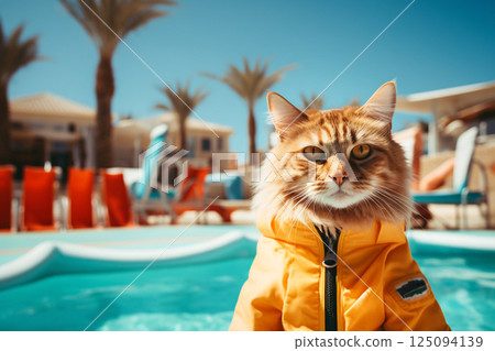 A humorous scene of a lifeguard cat in a rescue vest, sitting on a lifeguard chair at the beach, ready for action. beach safety, summer vibes, and lighthearted 125094139
