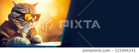 A funny and stylish cat wearing sunglasses, sitting in front of a laptop, with a bright yellow background and grey accents. The scene captures a playful work-from-home vibe 125094141