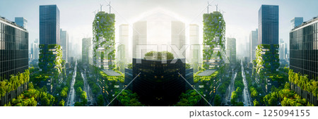 A modern skyscraper adorned with lush greenery, blending innovative architecture with sustainable urban design. The building stands tall in the cityscape, showcasing eco-friendly construction 125094155