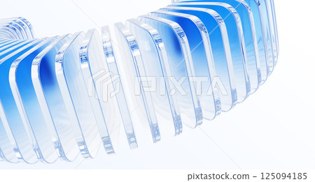 3d light blue background with row of glass transparent square plates. Abstract curve wave line pattern. Crystal array of geometric block shapes render. Futuristic design digital tech. 3D illustration 125094185