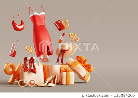 3d women clothing store render banner. Shopping sale in boutique with fashion dress, shoes, bag, hat, cosmetic makeup, card, gold percent sign and gift box. Clothes shop with discount. 3D illustration 3d women clothing store render banner. Shopping sale in boutique with fashion dress, shoes, bag, hat, cosmetic makeup, card, gold percent sign and gift box. Clothes shop with discount. 3D illustration 125094260