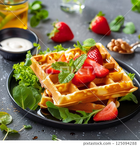 Delicious waffles topped with fresh strawberries, mint, and a creamy sauce, served with a side salad Delicious waffles topped with fresh strawberries, mint, and a creamy sauce, served with a side salad 125094288