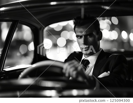 A sophisticated man in a suit sits confidently behind the wheel of a classic car at night A sophisticated man in a suit sits confidently behind the wheel of a classic car at night 125094300