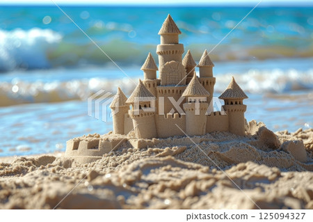 A majestic sandcastle stands proudly on a sunny beach, with gently lapping waves in the background 125094327