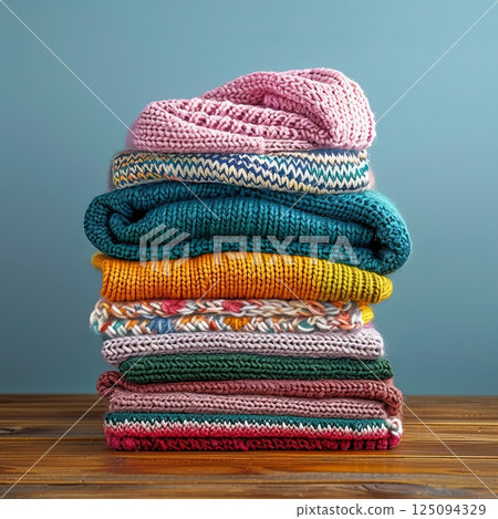 A neatly stacked pile of colorful knitted sweaters in various textures and patterns rests on a wooden surface against a pale blue background 125094329