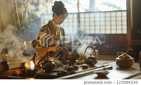 A young woman in a traditional kimono gracefully prepares a tea ceremony, steam rising from the teapot in a serene setting 125094330