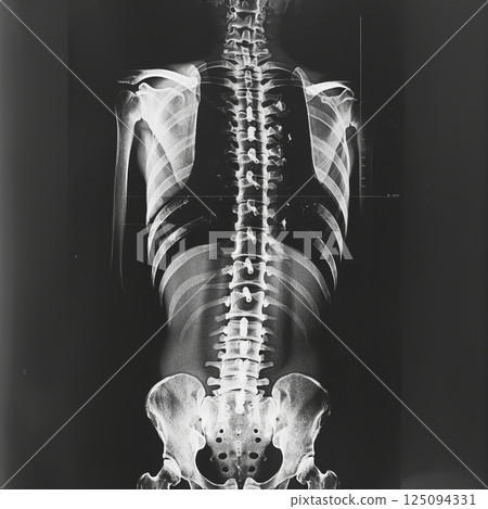 Posterior-anterior X-ray showing the human spine and rib cage, highlighting skeletal structure 125094331