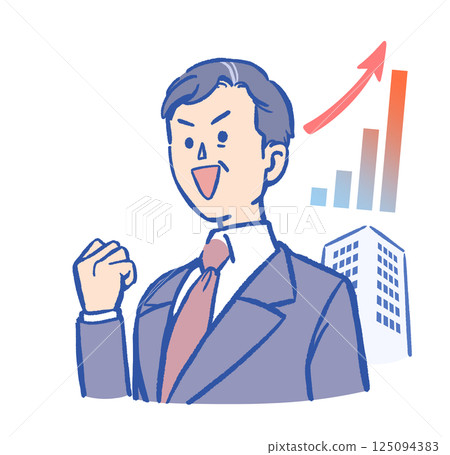 A businessman posing with a fist in the air and a graph showing an upward trend 125094383