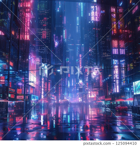 Futuristic cityscape at night with neon lights and reflections on wet streets, creating a vibrant cyberpunk atmosphere. 125094410