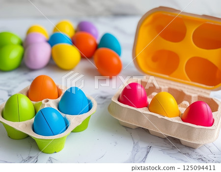 Colorful plastic eggs in cardboard boxes on a marble surface are ideal for educational purposes. 125094411