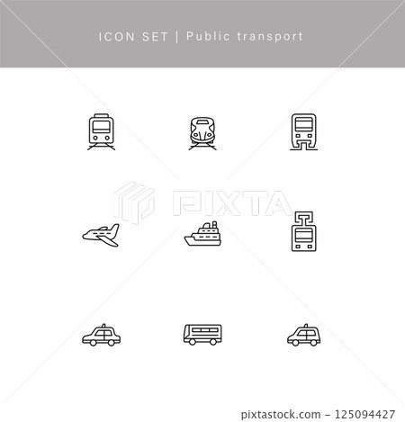 Line icon set of public transportation such as trains, planes, and buses 125094427