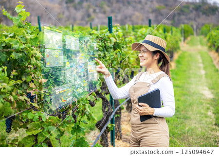 Smart vineyard system with winegrower working with digital graphic display Smart vineyard system with winegrower working with digital graphic display 125094647