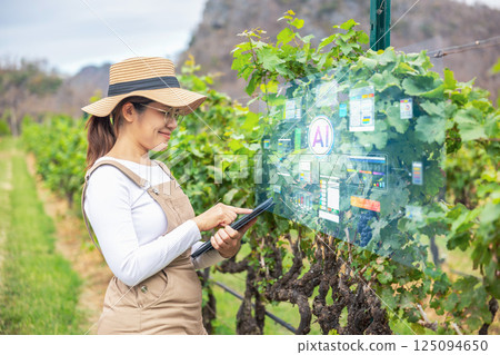 Smart vineyard system with winegrower working with digital graphic display Smart vineyard system with winegrower working with digital graphic display 125094650