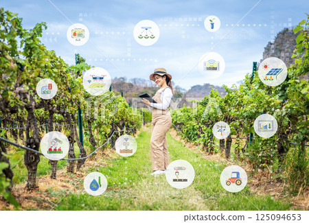 Smart vineyard system with winegrower working with digital graphic display 125094653