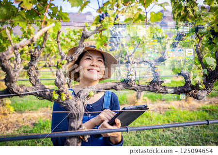 Smart vineyard system with winegrower working with digital graphic display Smart vineyard system with winegrower working with digital graphic display 125094654