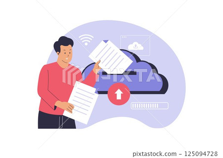Flat Illustration of Document Upload to Cloud Storage for Digital File Management 125094728