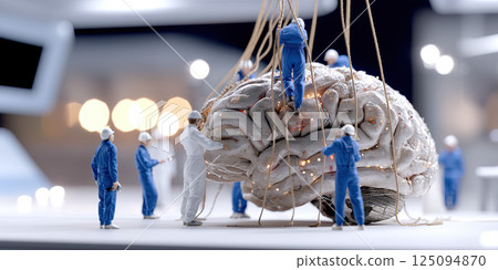 team of miniature workers examines giant mechanical brain, symbolizing AI innovation 125094870