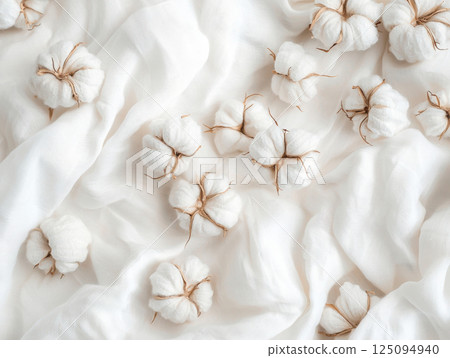White cotton bolls on soft fabric background. Minimalist natural arrangement with organic textures. 125094940