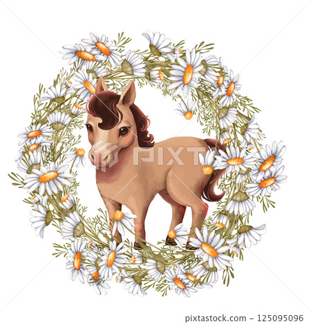 Charming illustration of a brown horse standing within a wreath of daisies 125095096