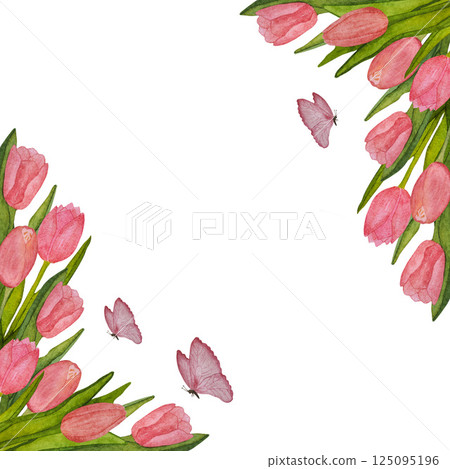 Watercolor corner frame of pink tulips on white background. For designing packaging, greeting cards, wedding invitations Watercolor corner frame of pink tulips on white background. For designing packaging, greeting cards, wedding invitations 125095196
