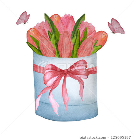 Watercolor bouquet of pink tulips in a gift box decorated with a bow on a white background Watercolor bouquet of pink tulips in a gift box decorated with a bow on a white background 125095197