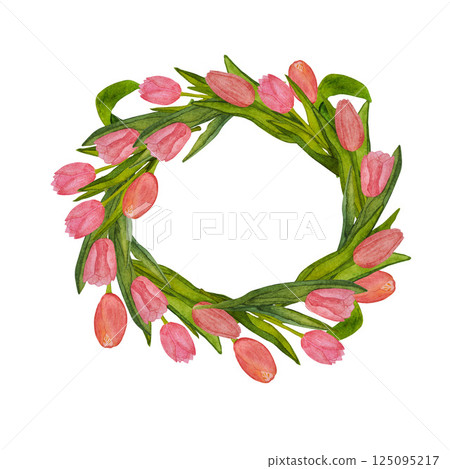 Wreath of blooming pink tulips with green leaves hand painted in watercolor on white background Wreath of blooming pink tulips with green leaves hand painted in watercolor on white background 125095217