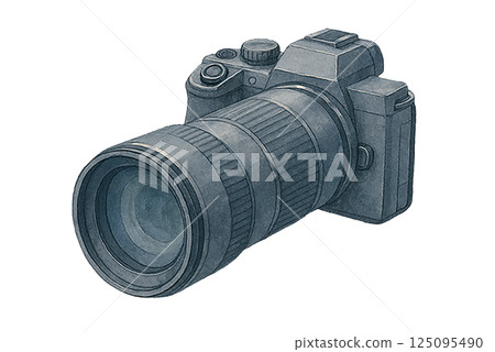 單鏡頭反光相機(帶遠攝鏡頭)的水彩插圖/用於攝影、攝影師和攝影愛好的形象 單鏡頭反光相機(帶遠攝鏡頭)的水彩插圖/用於攝影、攝影師和攝影愛好的形象 125095490