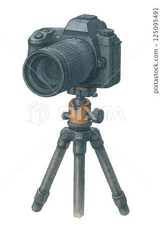 三腳架上的單鏡頭反光相機水彩插圖/用於攝影、風景攝影和攝影師影像 三腳架上的單鏡頭反光相機水彩插圖/用於攝影、風景攝影和攝影師影像 125095491