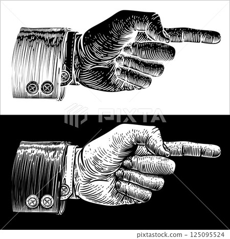 Hand Pointing Finger Etched Vintage Woodcut Style 125095524
