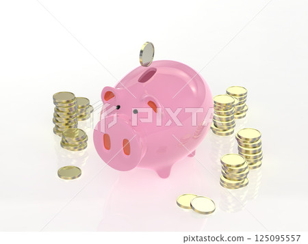 Pink piggy bank and stacked coins horizontal 3D illustration 125095557