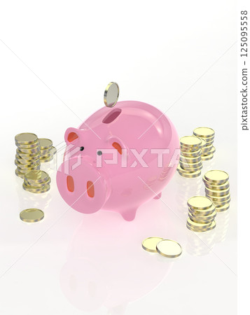 粉紅色小豬銀行和堆疊硬幣垂直 3D 插圖 125095558