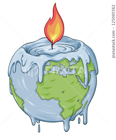 Planet Earth in the shape of a candle with melting fire. Global temperatures rising. Hand drawn vector illustration. 125095562