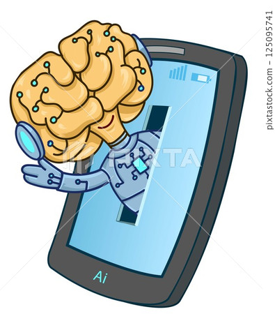 Cute cartoon robot character coming out of a mobile. Vector illustratio 125095741