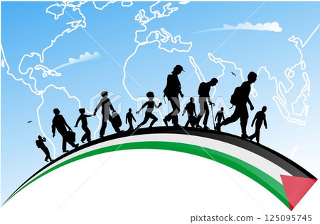 Palestinian immigrants with the background the map of the planet earth Palestinian immigrants with the background the map of the planet earth 125095745