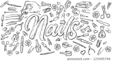Nails Doodle Line Art Illustration. Hand Drawn Vector. background Banner Set elements Nails Doodle Line Art Illustration. Hand Drawn Vector. background Banner Set elements 125095748