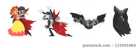 Count Dracula Character with Fangs Wearing Red Cape Vector Set 125095969
