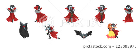 Count Dracula Character with Fangs Wearing Red Cape Vector Set 125095973
