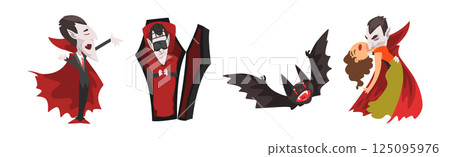 Count Dracula Character with Fangs Wearing Red Cape Vector Set Count Dracula Character with Fangs Wearing Red Cape Vector Set 125095976