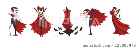 Count Dracula Character with Fangs Wearing Red Cape Vector Set 125095979
