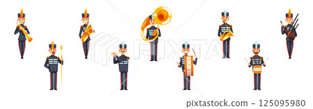 Man and Woman Band Member in Parade Uniform Playing Musical Instrument Vector Set Man and Woman Band Member in Parade Uniform Playing Musical Instrument Vector Set 125095980