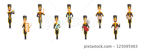 Man and Woman Band Member in Parade Uniform Playing Musical Instrument Vector Set 125095983