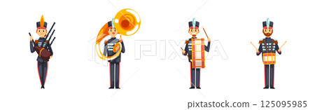 Man and Woman Band Member in Parade Uniform Playing Musical Instrument Vector Set Man and Woman Band Member in Parade Uniform Playing Musical Instrument Vector Set 125095985